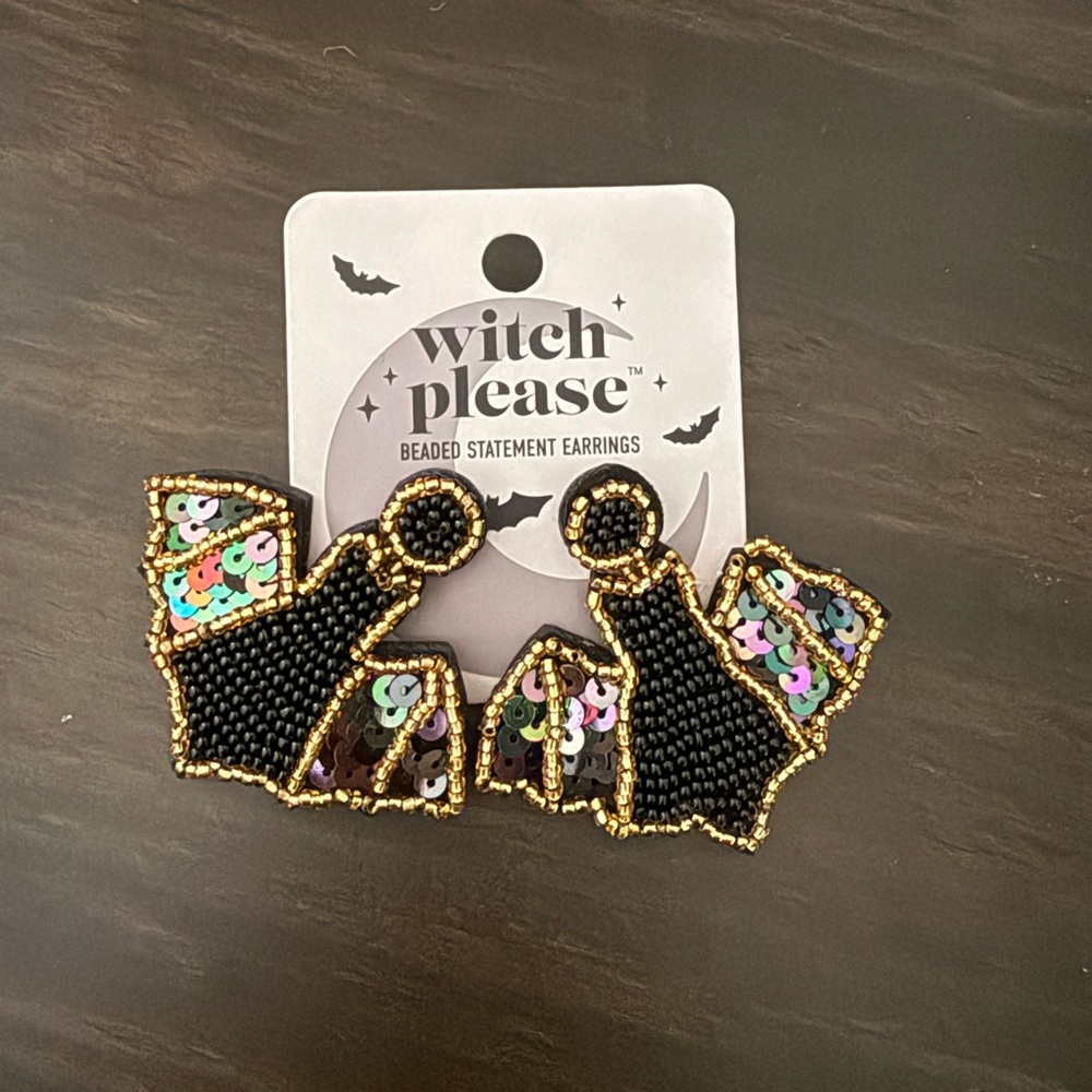 Black and Gold Beaded Bat Statement Earrings-Halloween
